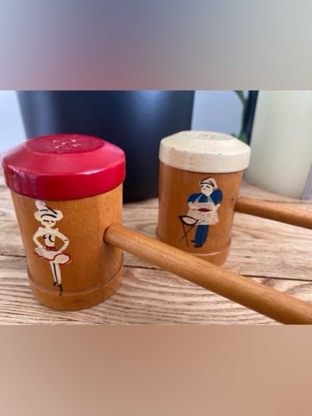 Vintage Giftcraft Wooden Long Handle Chef & Maid BBQ Salt & Pepper Shakers Set